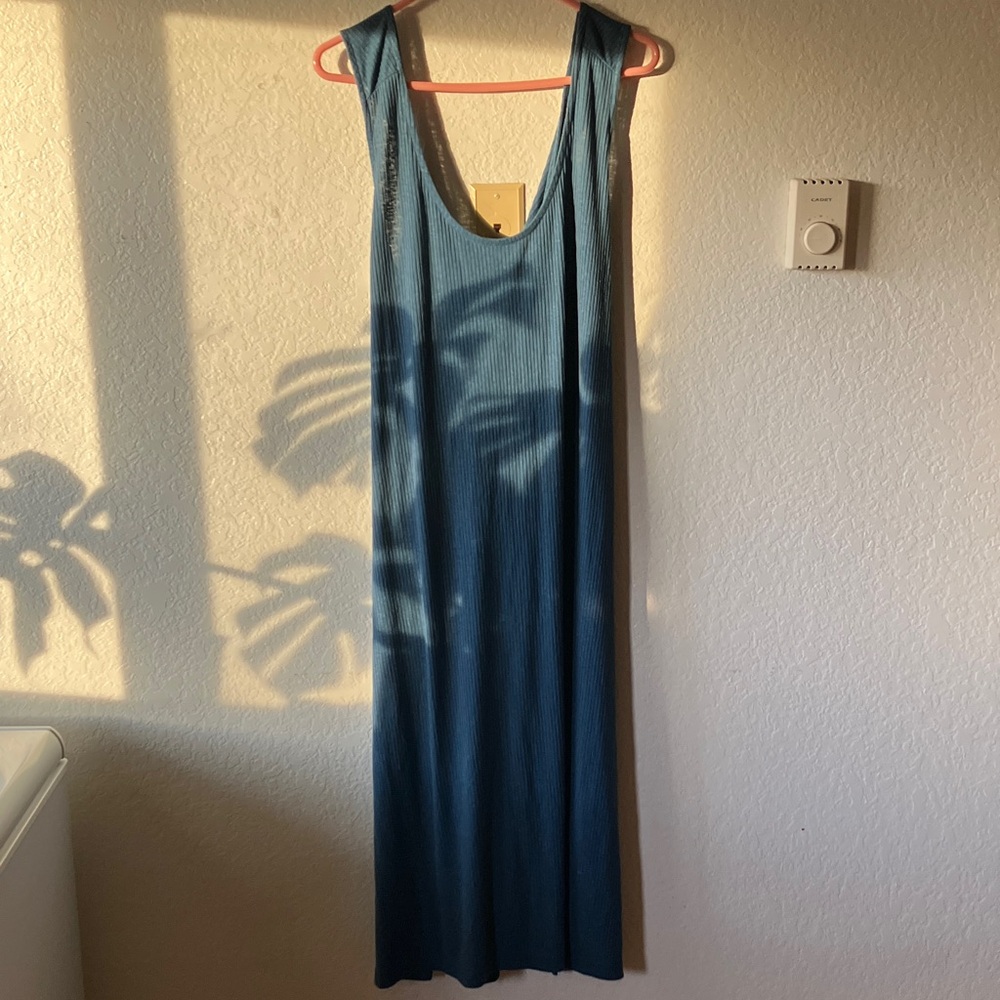 Old Navy Blue Ribbed Linen Blend Criss Cross Back Side Slits Maxi Dress women 3X